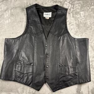 Vintage Park V Leather Motorcycle Vest Mens 58 Black Snap Front Biker Clean USA